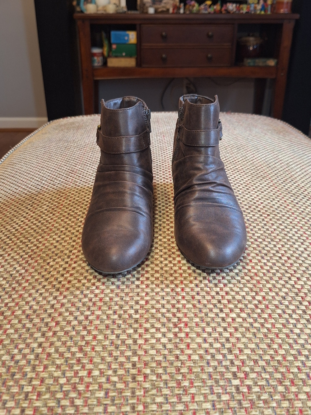 Kim Rogers Dark Brown Ankle Boots with Side Zippers & Buckle Trim